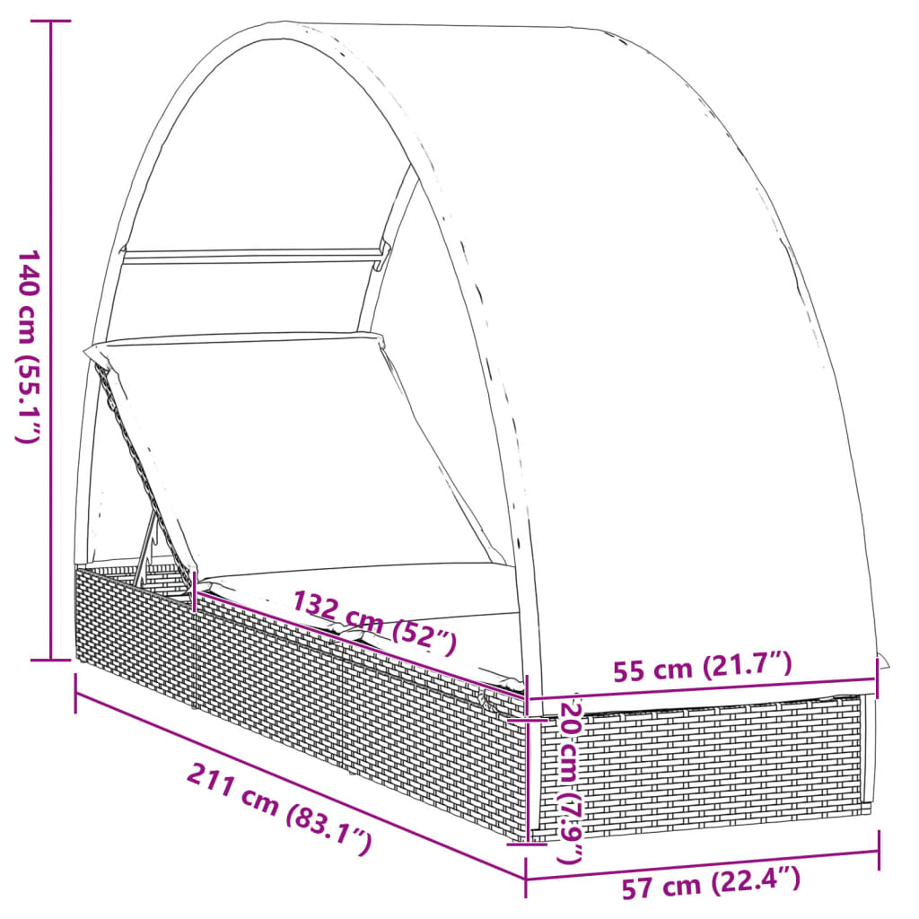 Ležaj za sunčanje s krovom crni 211 x 57 x 140 cm poliratan