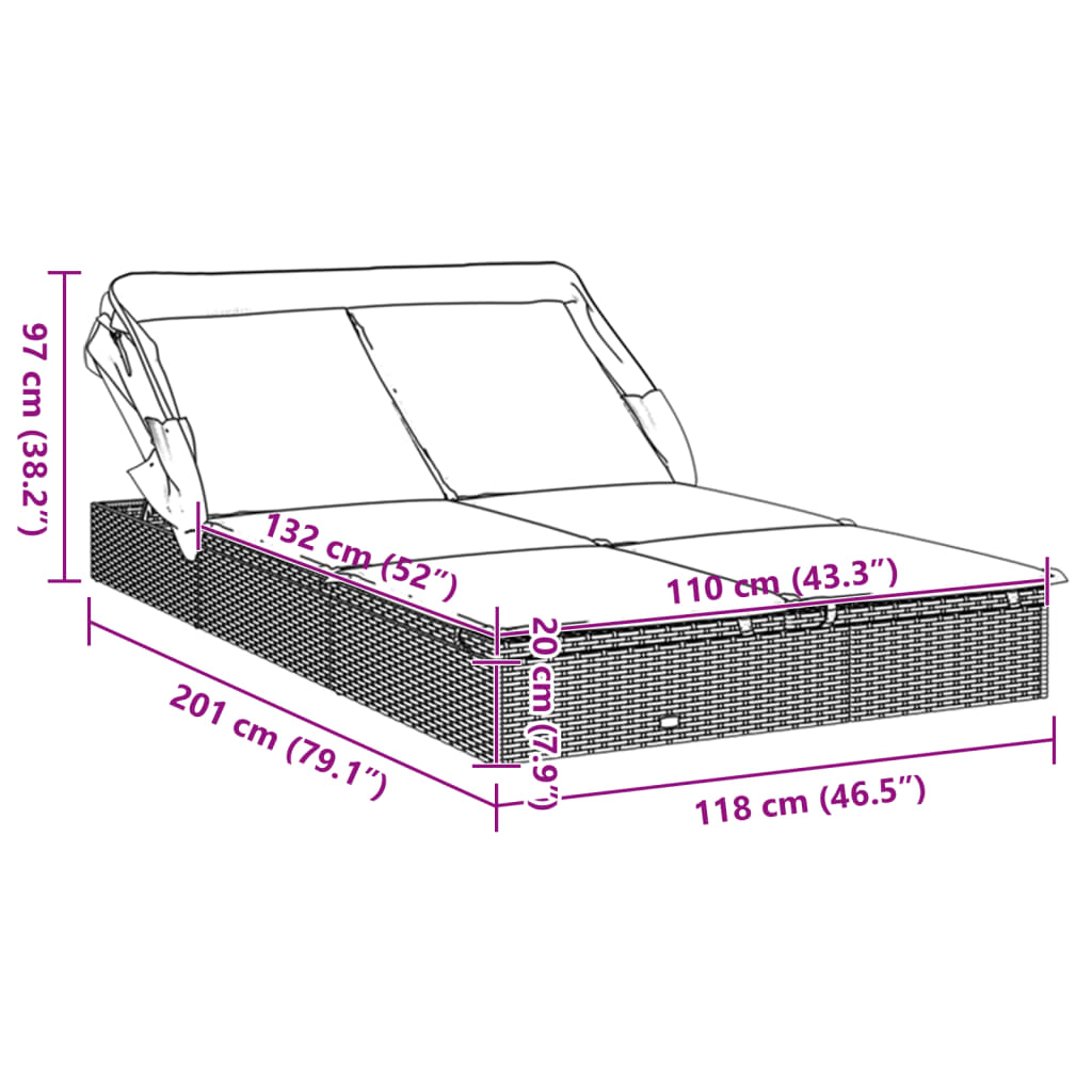 Ležaj za sunčanje za 2 osobe smeđi 213 x 118 x 97 cm poliratan