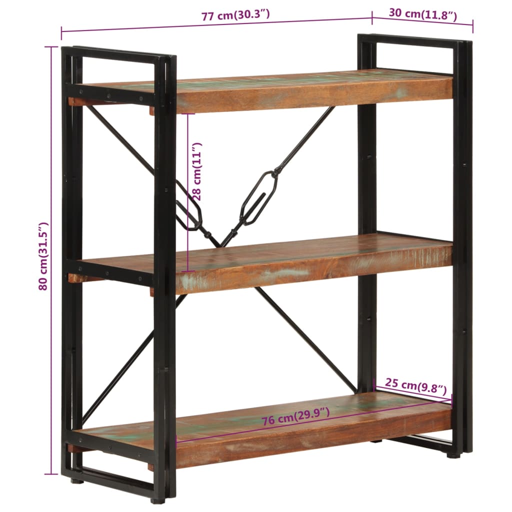 Regal za knjige s 3 razine 77x30x80cm obnovljeno drvo i željezo