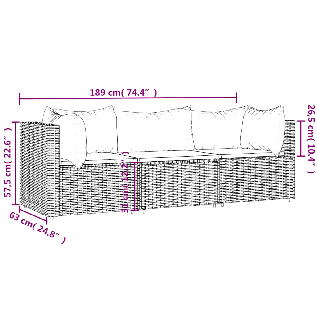 3-dijelna vrtna garnitura od poliratana s jastucima crna