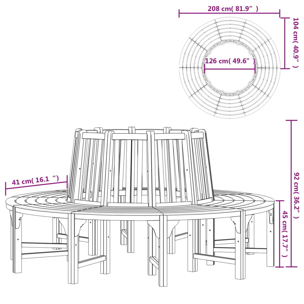 Kružna klupa oko stabla Ø 208 cm od masivnog drva eukaliptusa