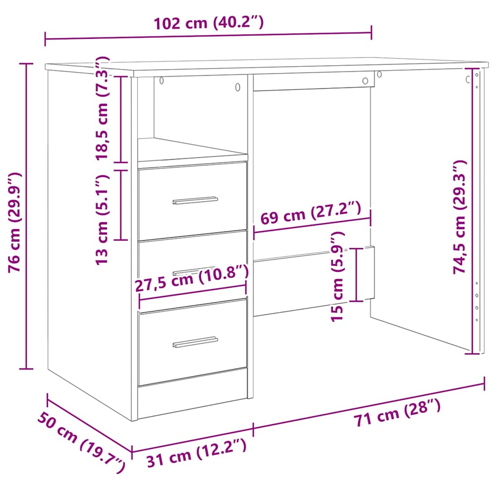 Radni stol s ladicama bijeli 102 x 50 x 76 cm konstruirano drvo