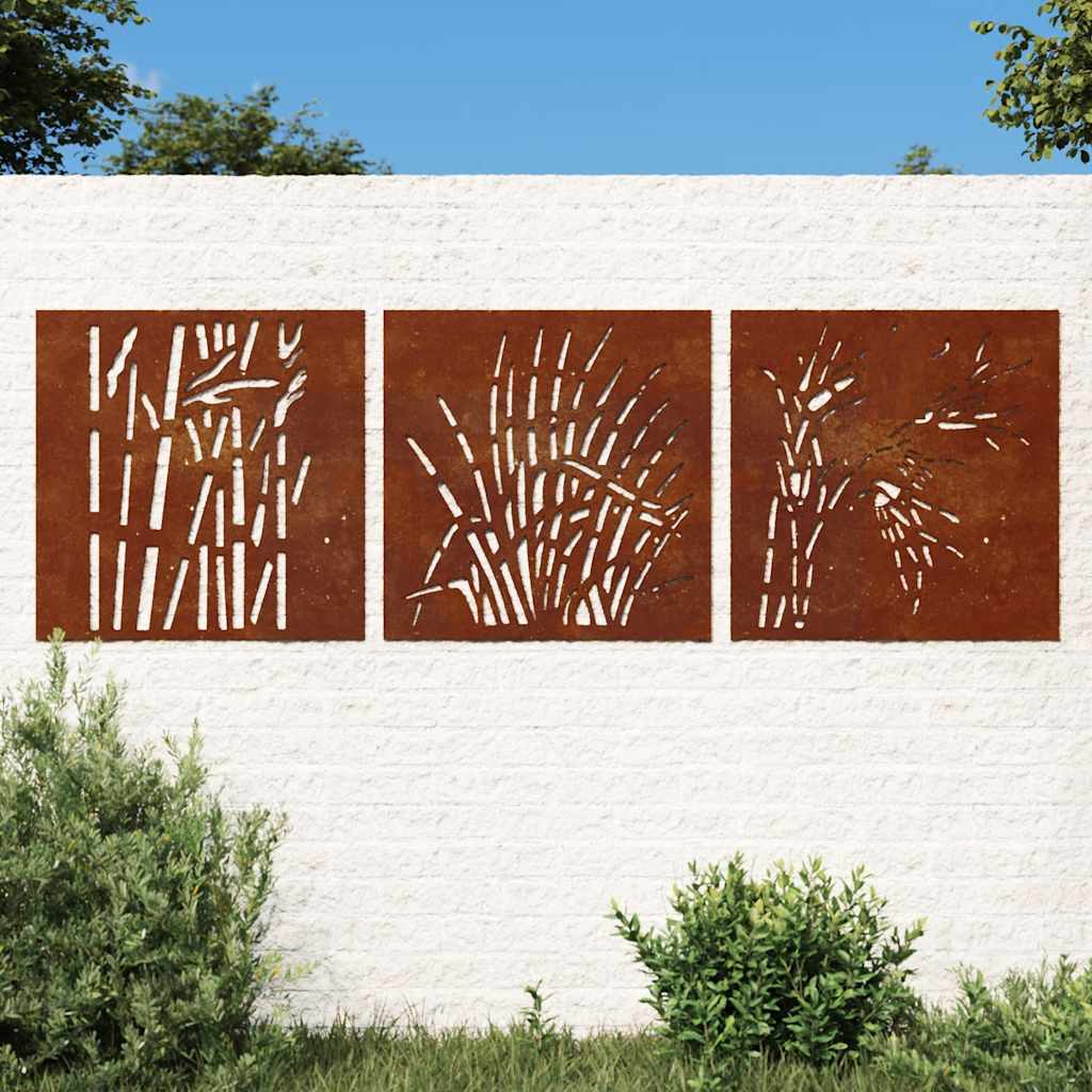 Vrtni zidni ukrasi 3 kom 55 x 55 cm čelik COR-TEN uzorak trave