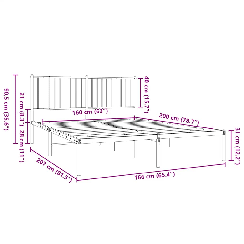 Metalni okvir za krevet s uzglavljem crni 160x200 cm