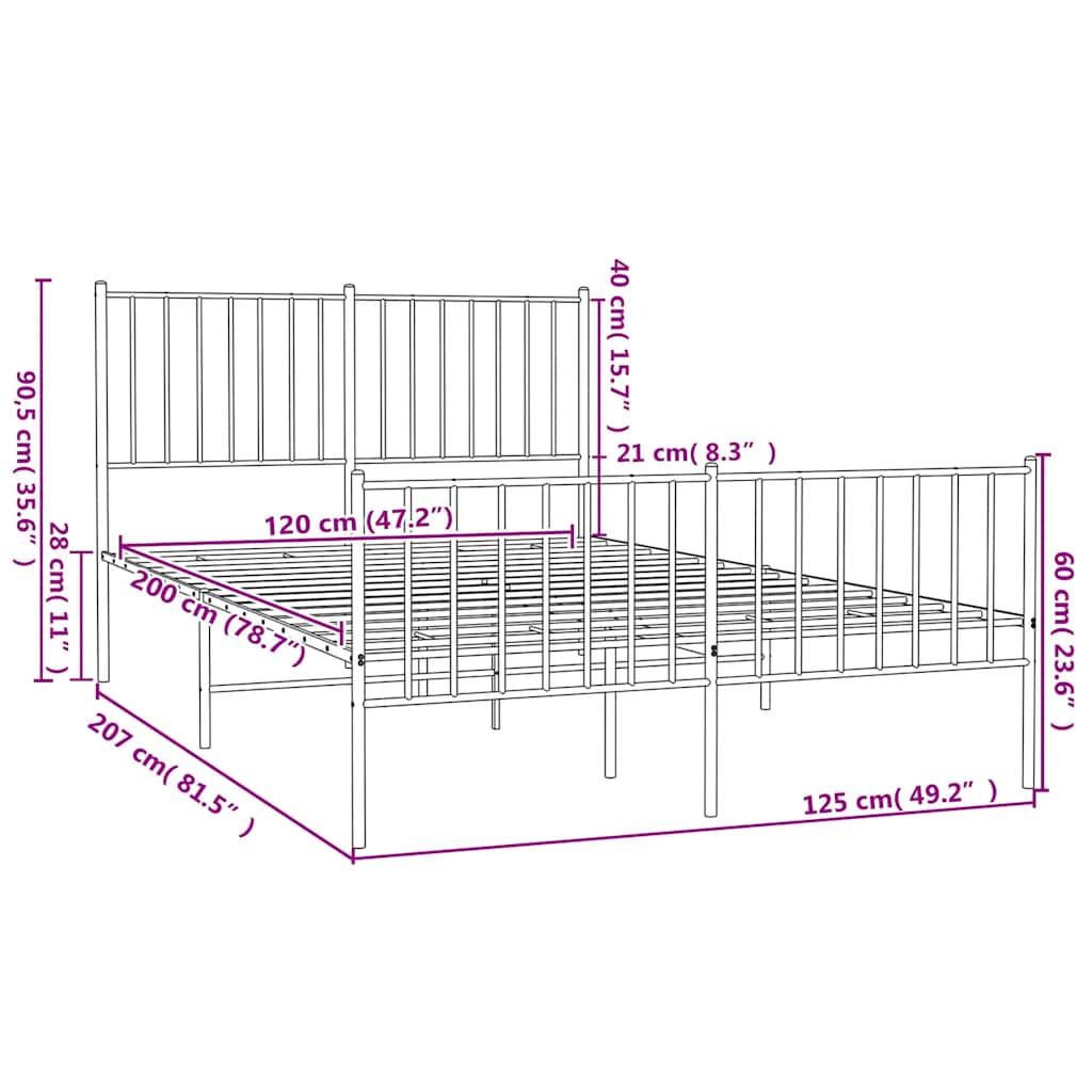 Metalni okvir kreveta uzglavlje i podnožje crni 120x200 cm