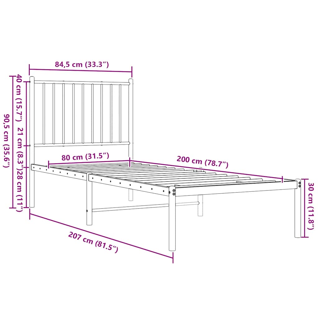 Metalni okvir za krevet s uzglavljem bijeli 80x200 cm