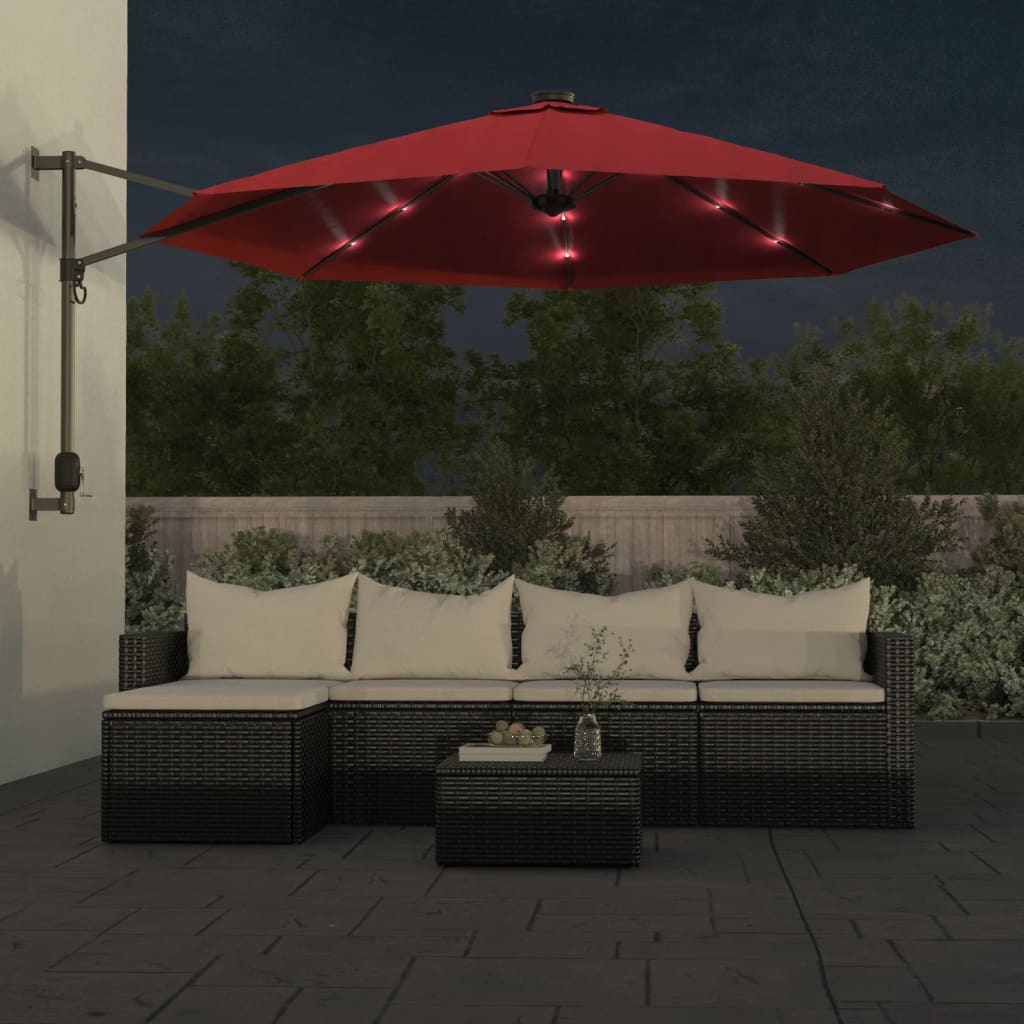 Zidni suncobran s LED svjetlima jarkocrveni 290 cm