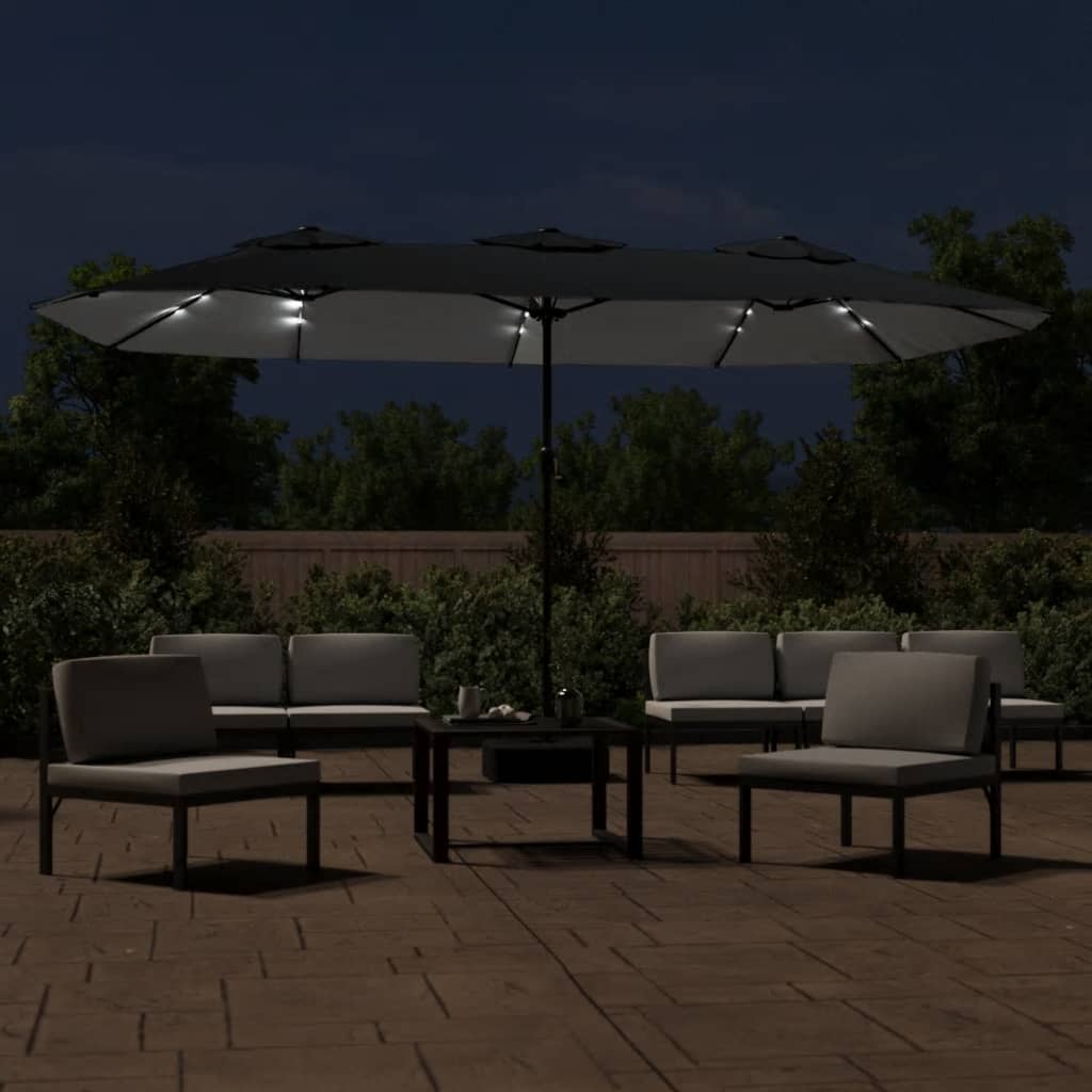 Dvostruki vrtni suncobran s LED svjetlima crni 449 x 265 cm