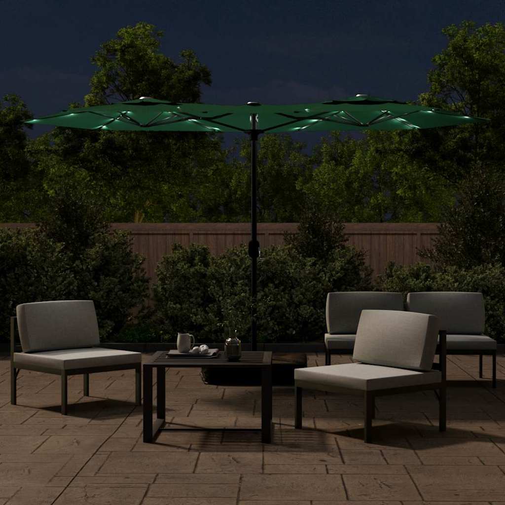 Dvostruki vrtni suncobran s LED svjetlima zeleni 316 x 145 cm