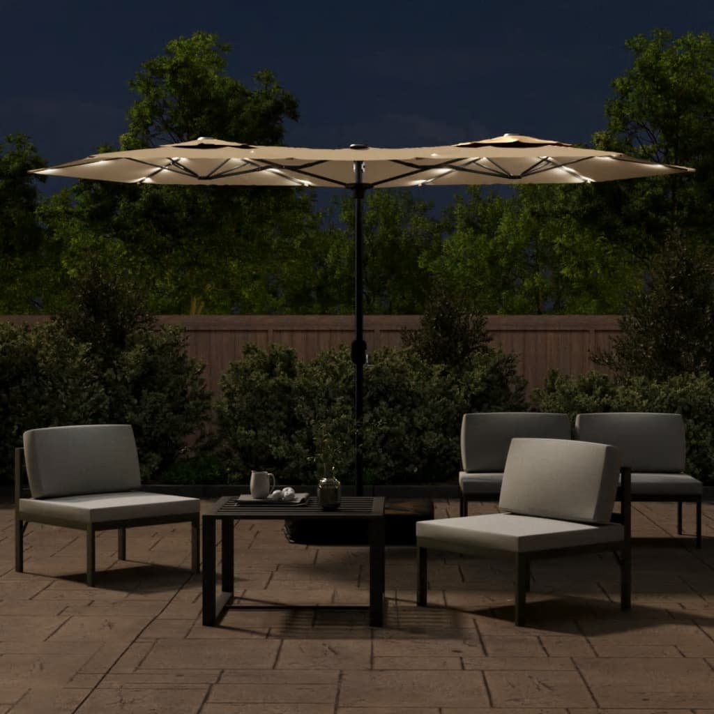Dvostruki vrtni suncobran s LED svjetlima smeđesivi 316x145 cm