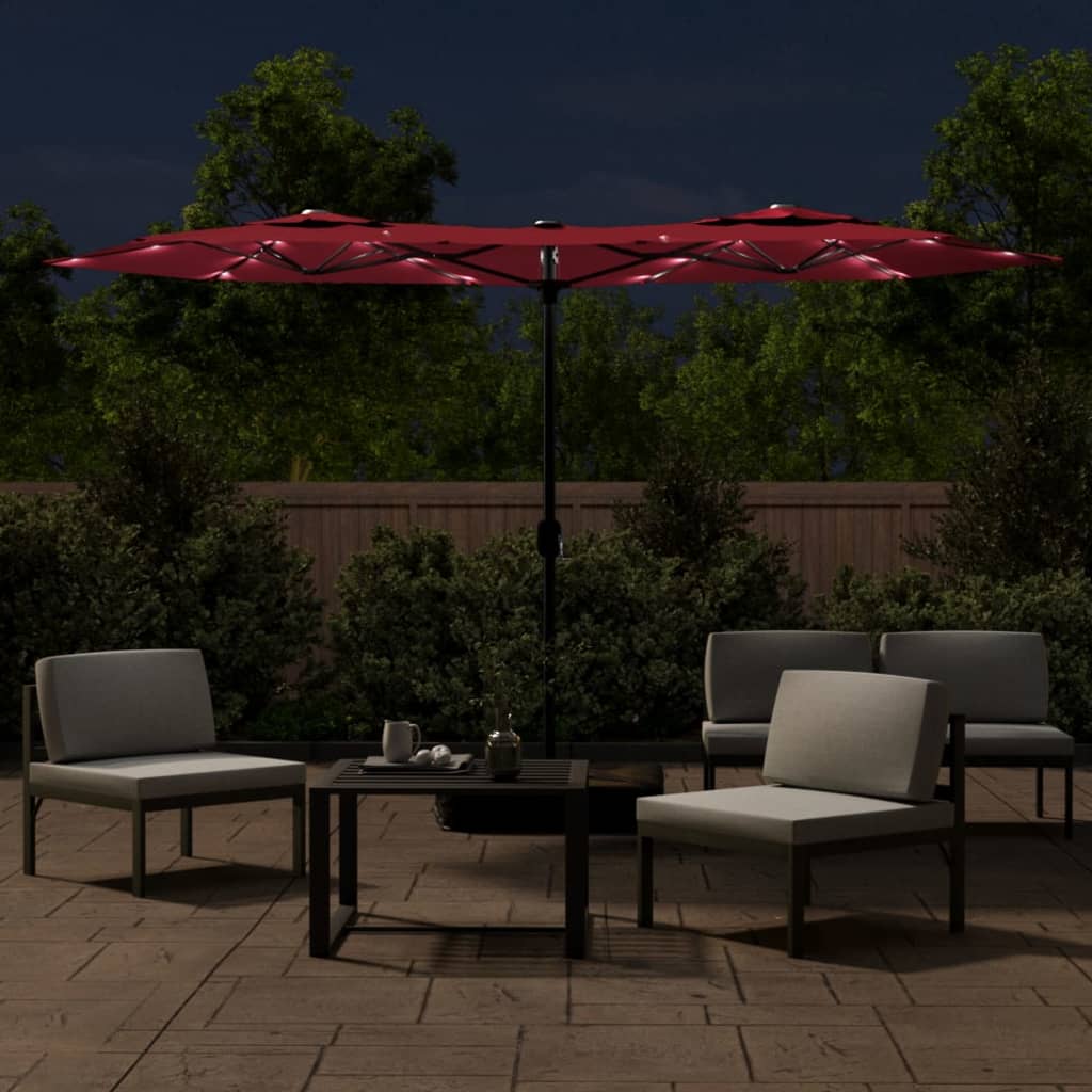 Dvostruki vrtni suncobran s LED svjetlima bordo 316 x 145 cm