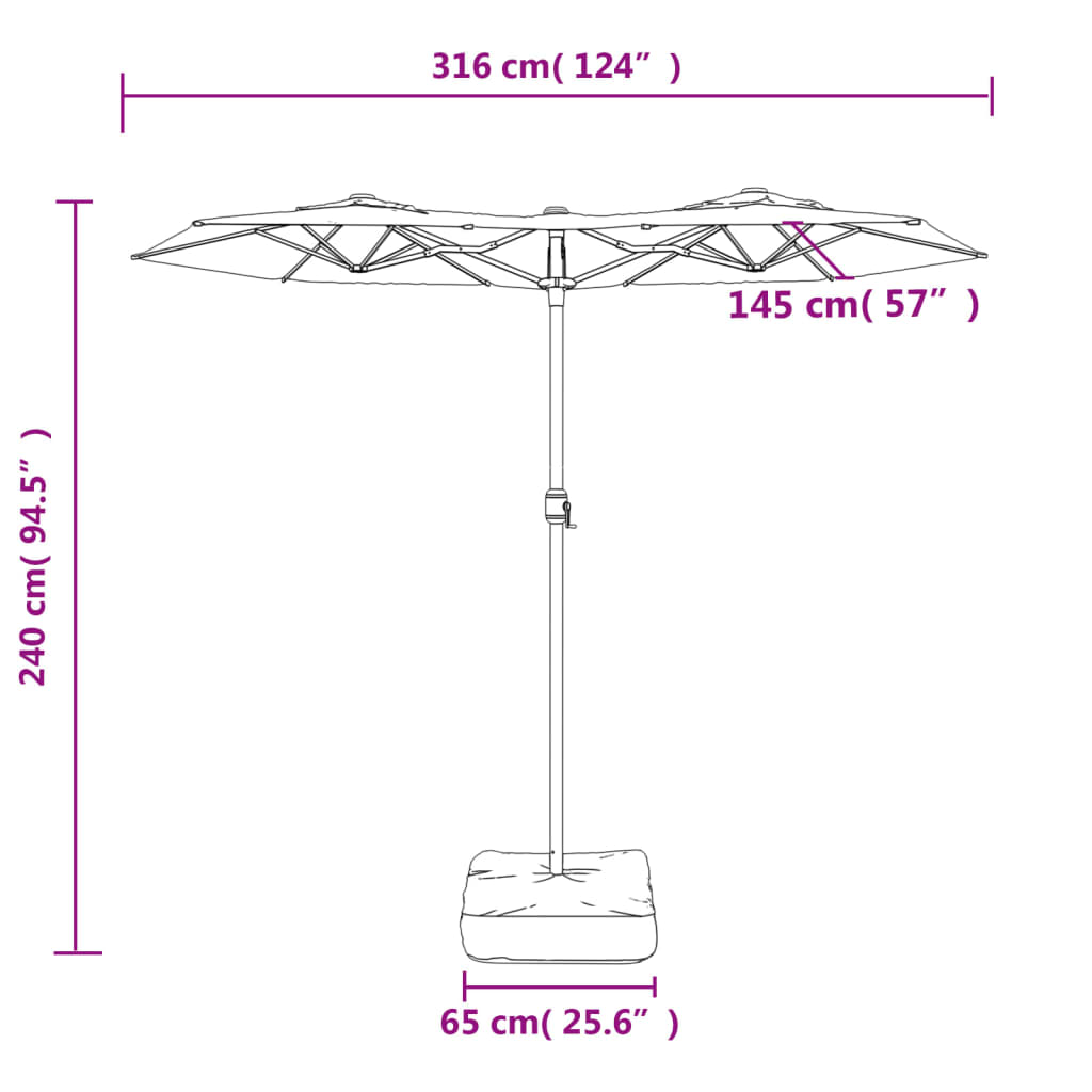 Dvostruki vrtni suncobran s LED svjetlima bordo 316 x 145 cm
