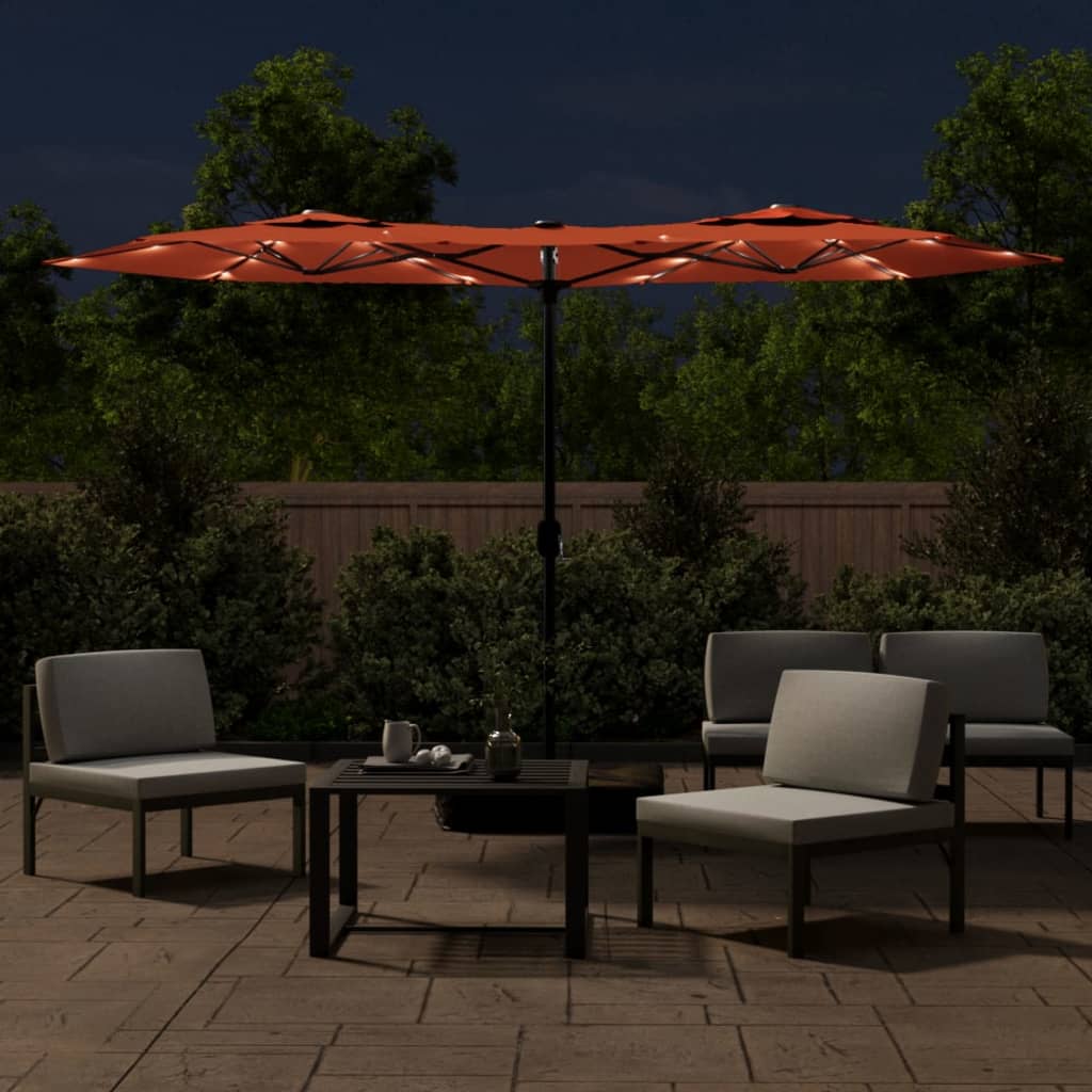 Dvostruki vrtni suncobran s LED svjetlima terakota 316 x 145 cm