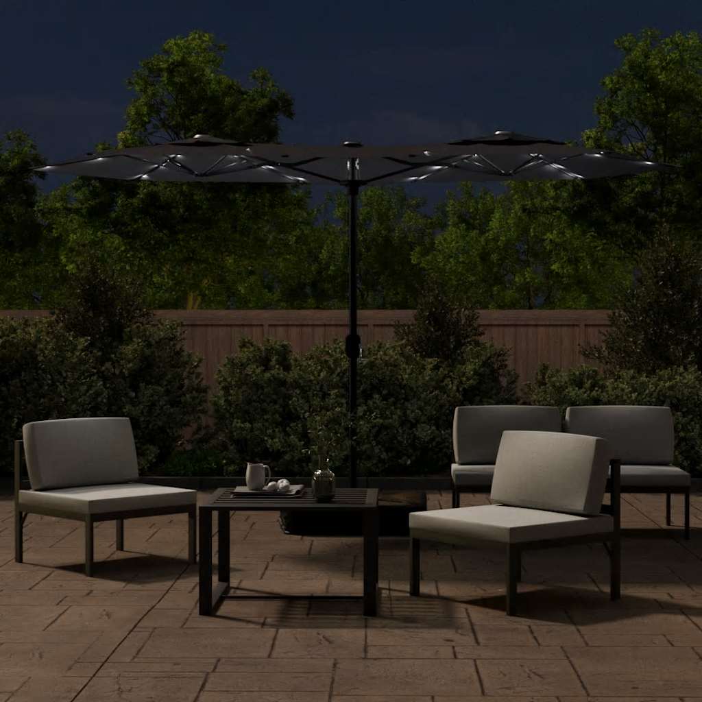 Dvostruki vrtni suncobran s LED svjetlima crni 316 x 145 cm