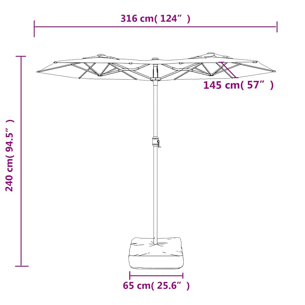 Dvostruki vrtni suncobran s LED svjetlima crni 316 x 145 cm