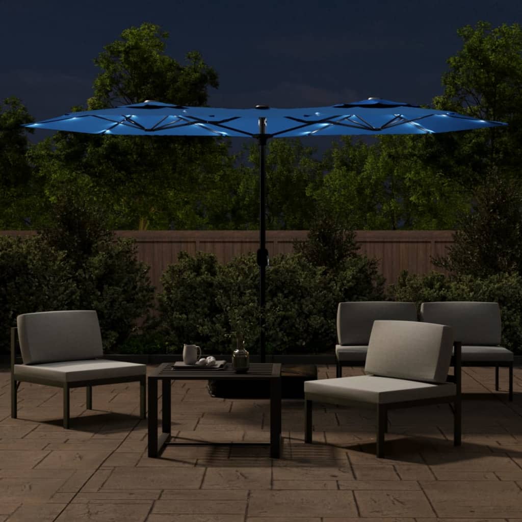 Dvostruki vrtni suncobran s LED svjetlima azurni 316 x 145 cm