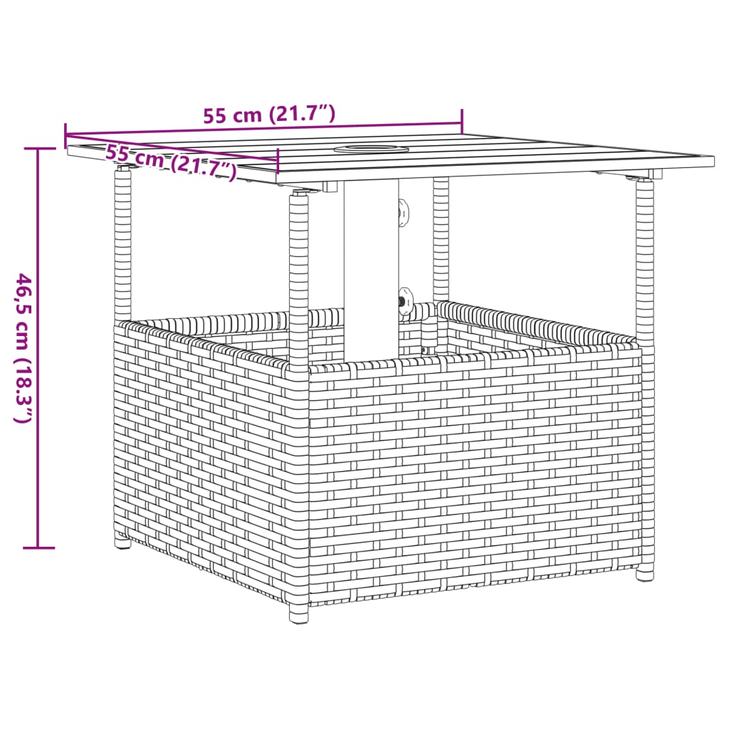 Vrtni stol s rupom za suncobran crni 55x55x46,5 cm poliratan