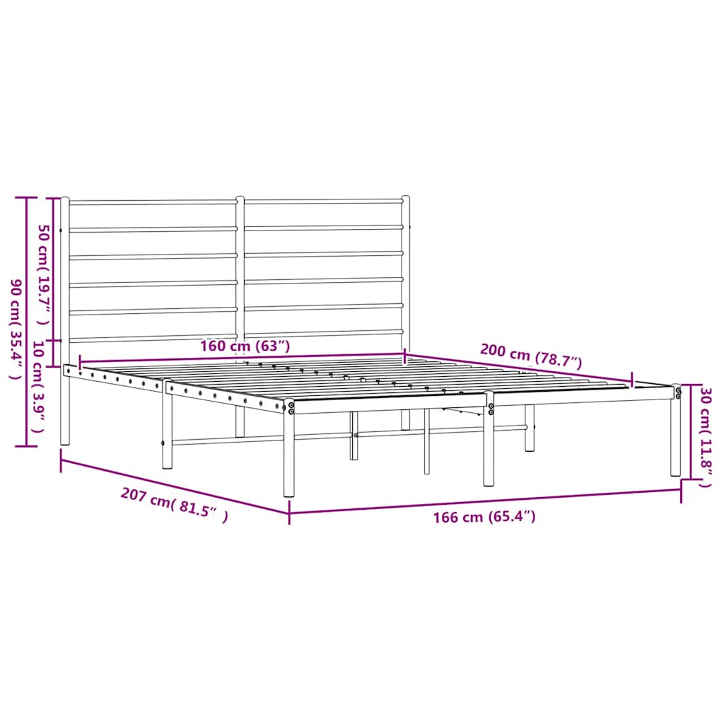 Metalni okvir za krevet s uzglavljem crni 160x200 cm