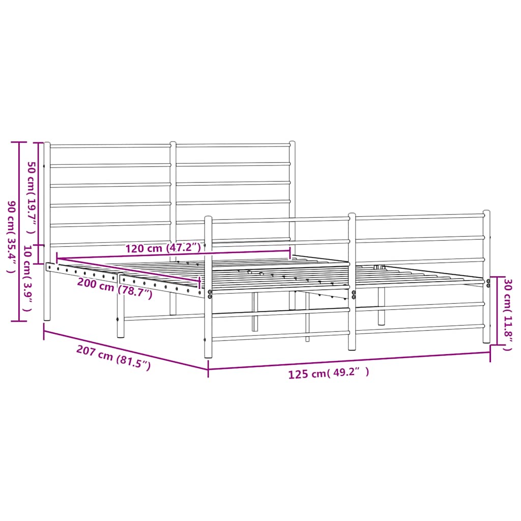 Metalni okvir kreveta uzglavlje i podnožje crni 120x200 cm