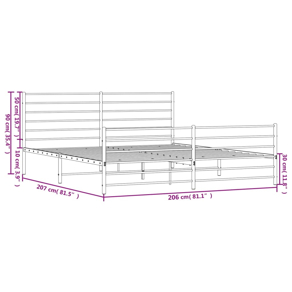Metalni okvir kreveta uzglavlje i podnožje crni 200x200 cm
