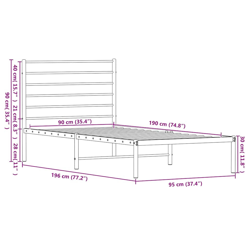 Metalni okvir za krevet s uzglavljem bijeli 90 x 190 cm