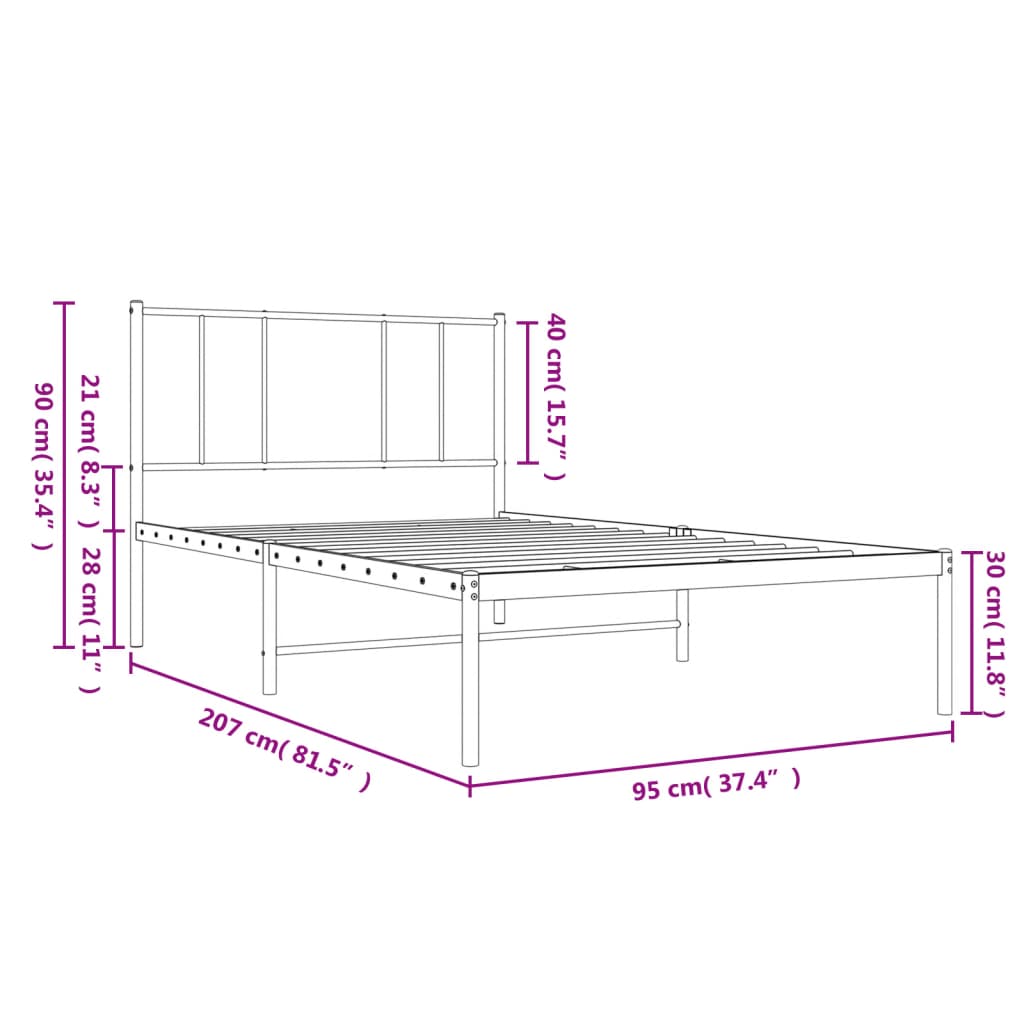 Metalni okvir za krevet s uzglavljem bijeli 90x200 cm