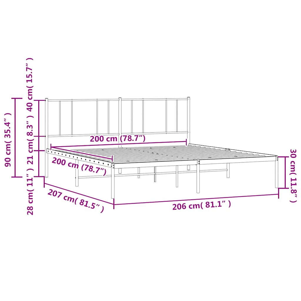 Metalni okvir za krevet s uzglavljem bijeli 200x200 cm