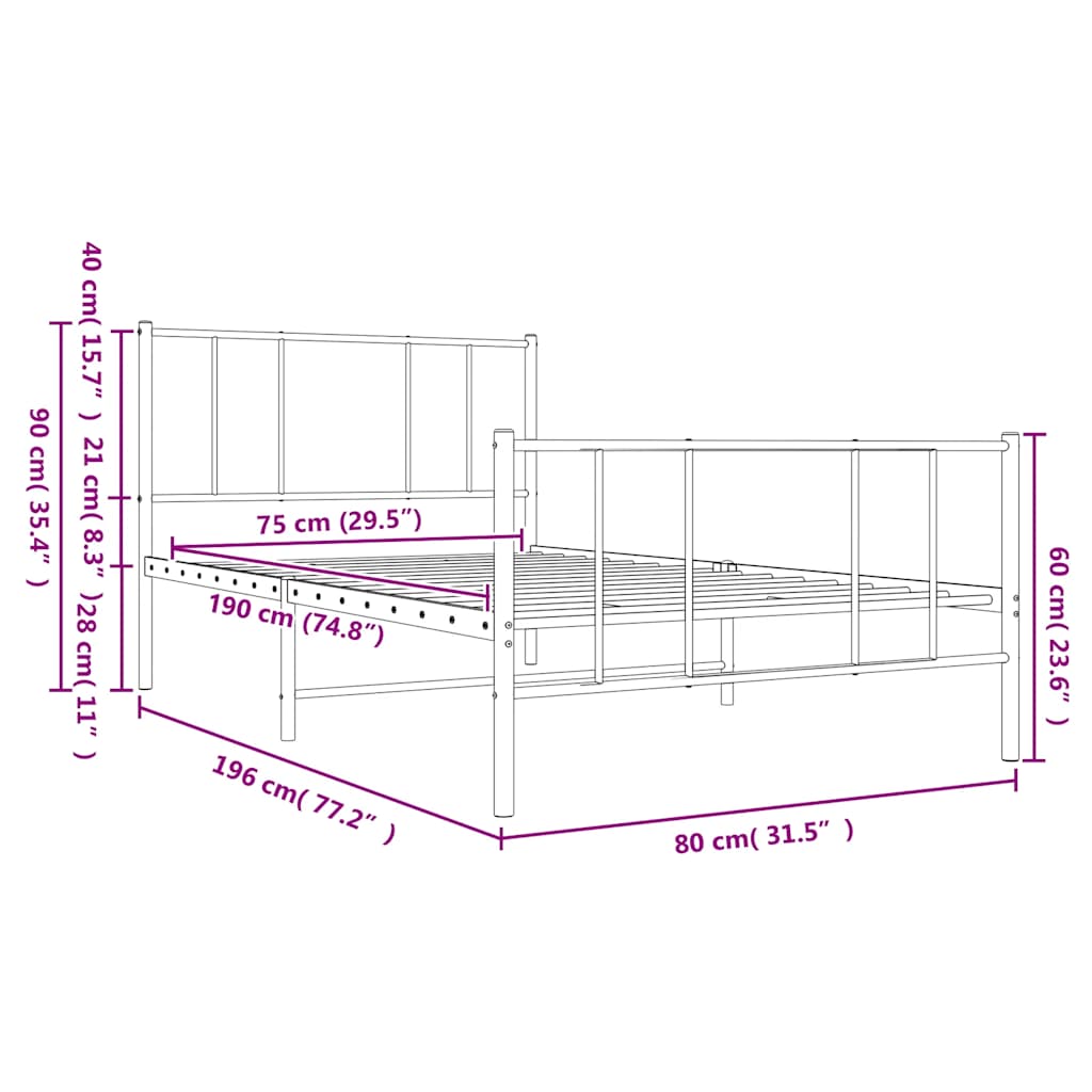 Metalni okvir kreveta uzglavlje i podnožje bijeli 75x190 cm