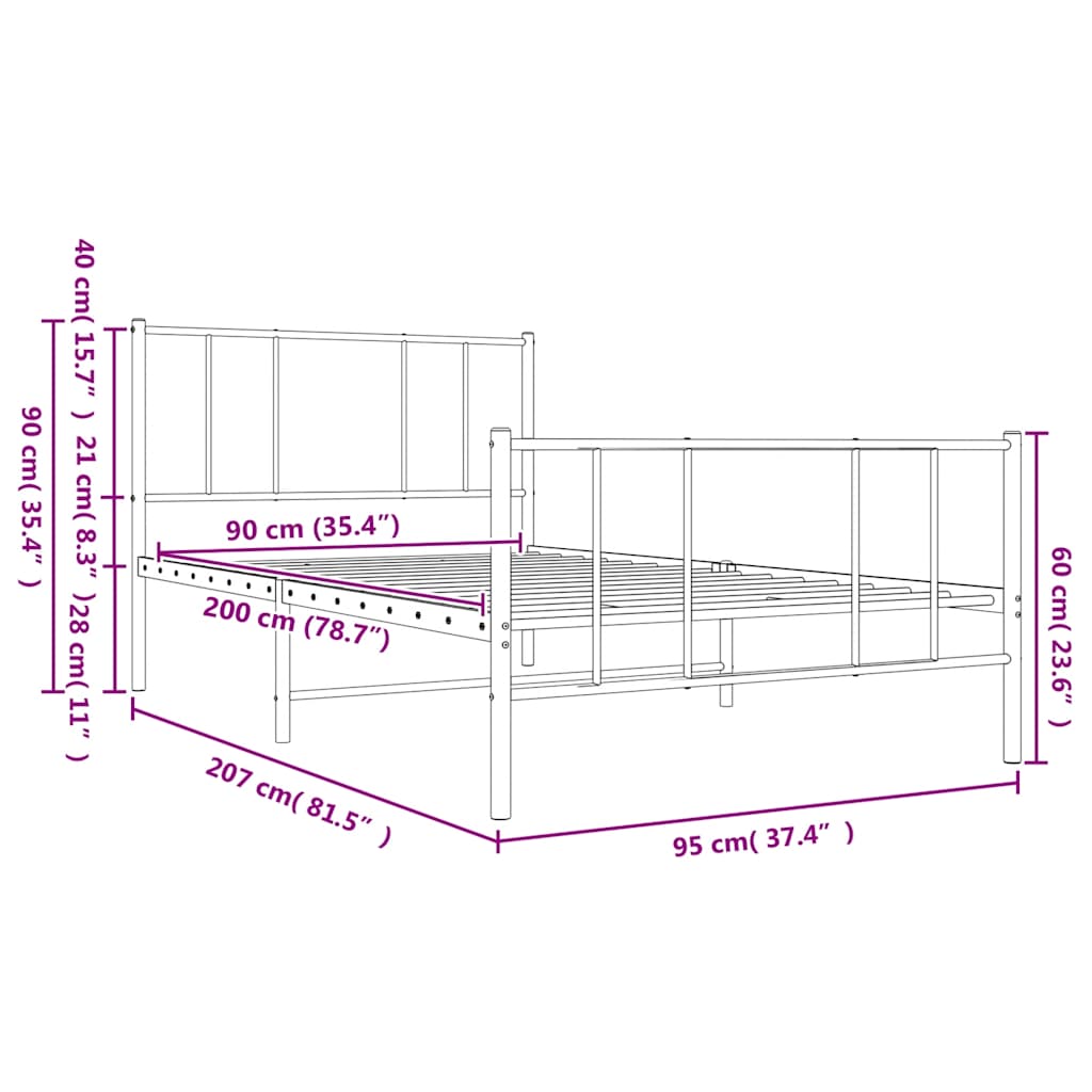 Metalni okvir kreveta uzglavlje i podnožje bijeli 90 x 200 cm