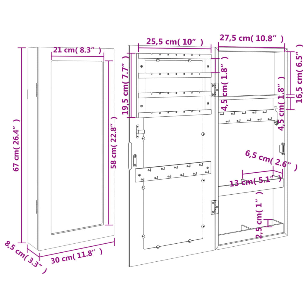 Zidni ormarić za nakit s ogledalom bijeli 30 x 8,5 x 67 cm