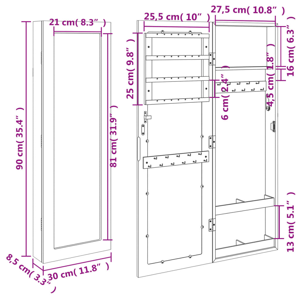 Zidni ormarić za nakit s ogledalom crni 30 x 8,5 x 90 cm