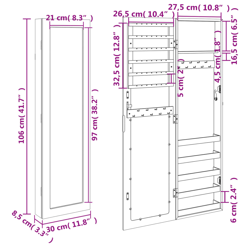 Zidni ormarić za nakit s ogledalom 30 x 8,5 x 106 cm
