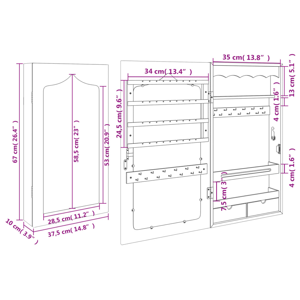 Zidni ormarić za nakit s ogledalom crni 37,5x10x67 cm