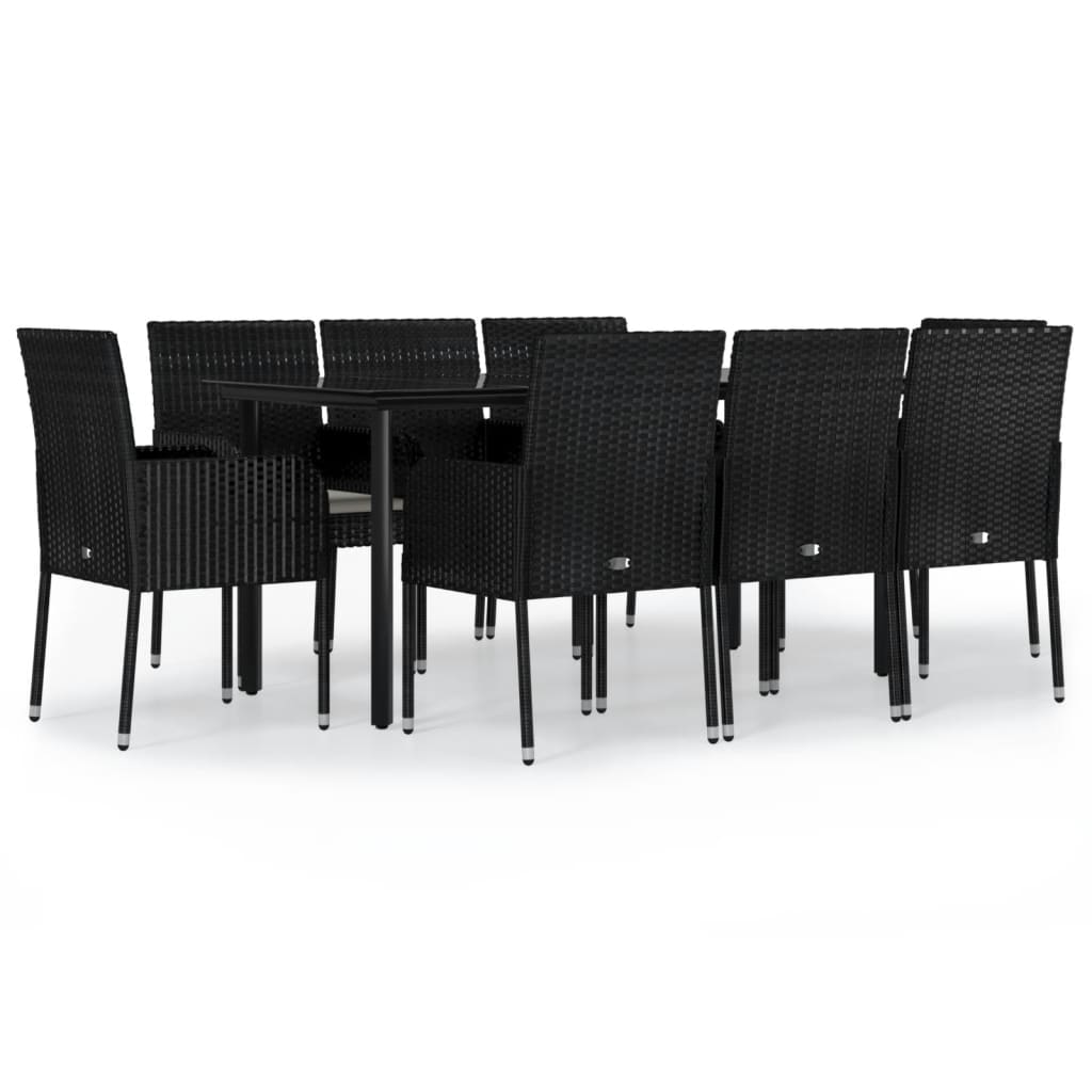 9-dijelni vrtni blagovaonski set s jastucima crni od poliratana