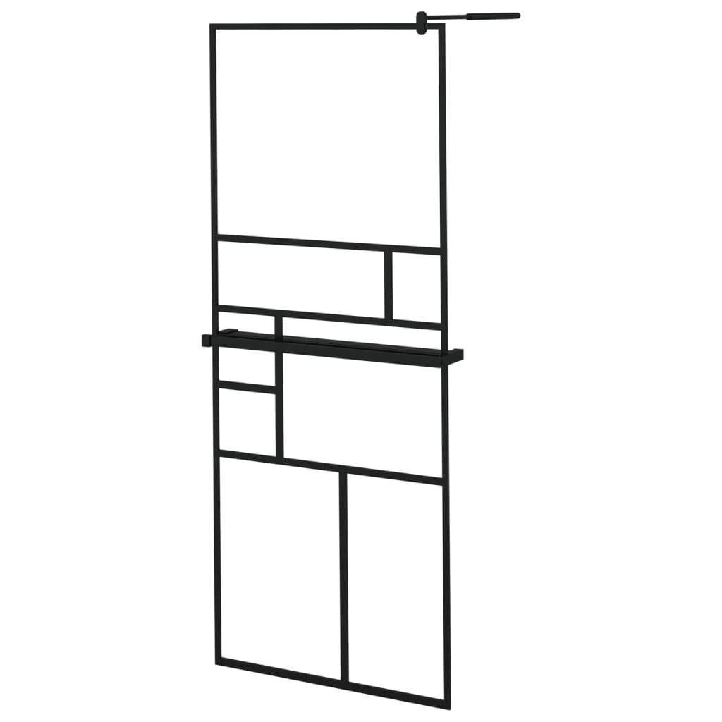 Pregrada za tuš s policom crna 80 x 195 cm s mutnim staklom ESG