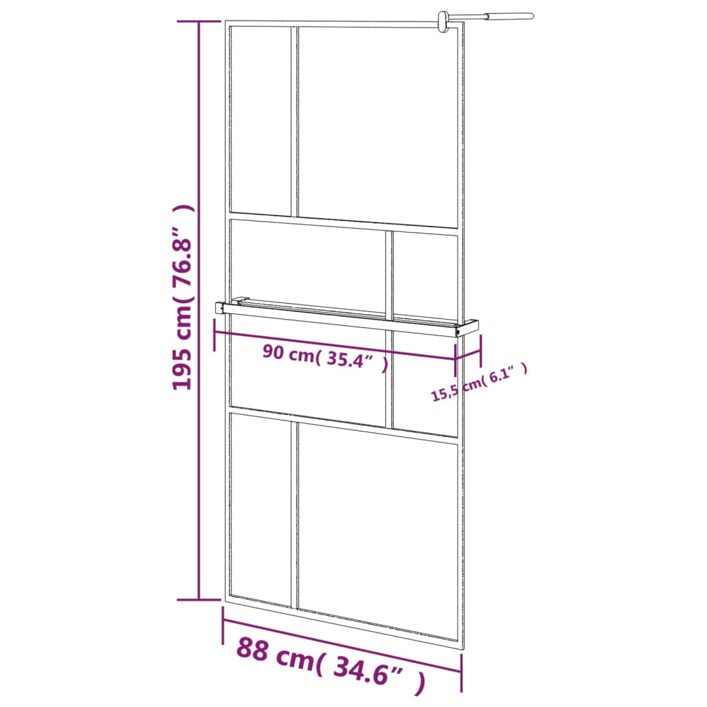 Pregrada za tuš s policom crna 90x195 cm staklo ESG i aluminij