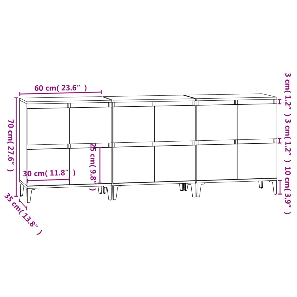 Komode 3 kom siva boja betona 60x35x70 cm od konstruiranog drva