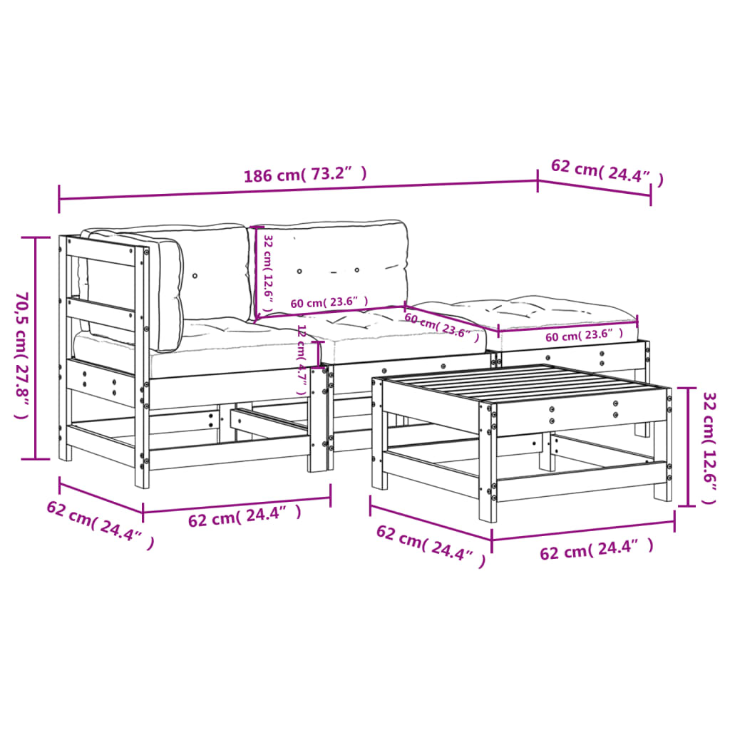 4-dijelna vrtna garnitura s jastucima bijela od masivnog drva