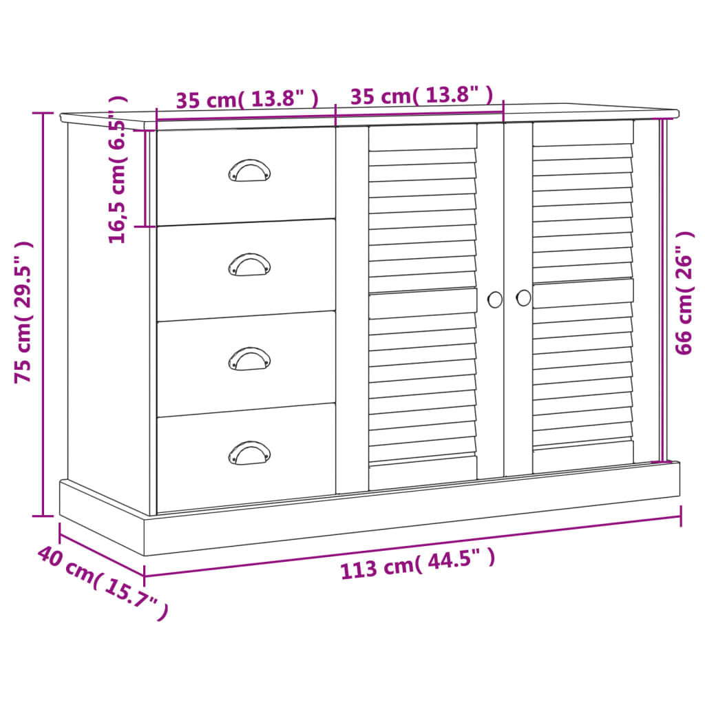 Komoda s ladicama VIGO 113x40x75 cm bijela od masivne borovine
