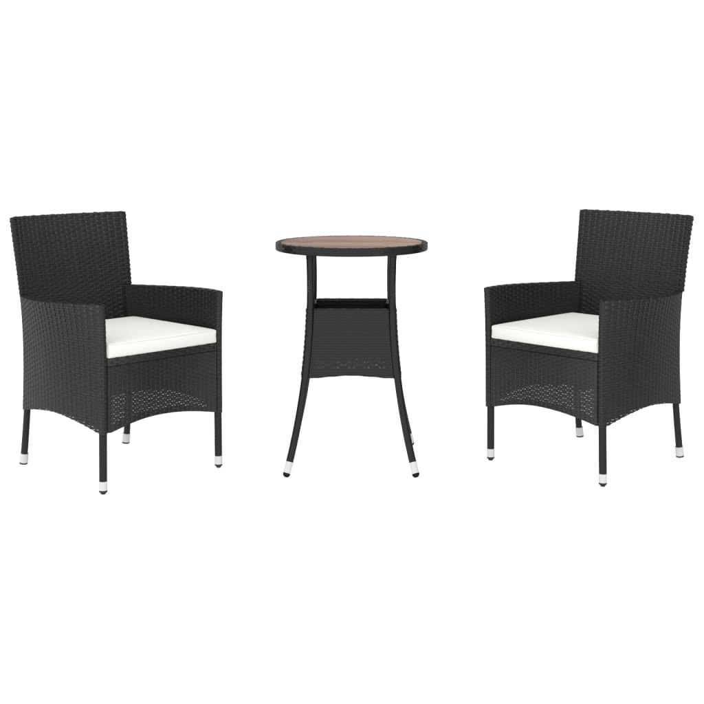 3-dijelni vrtni bistro set od poliratana s jastucima crni