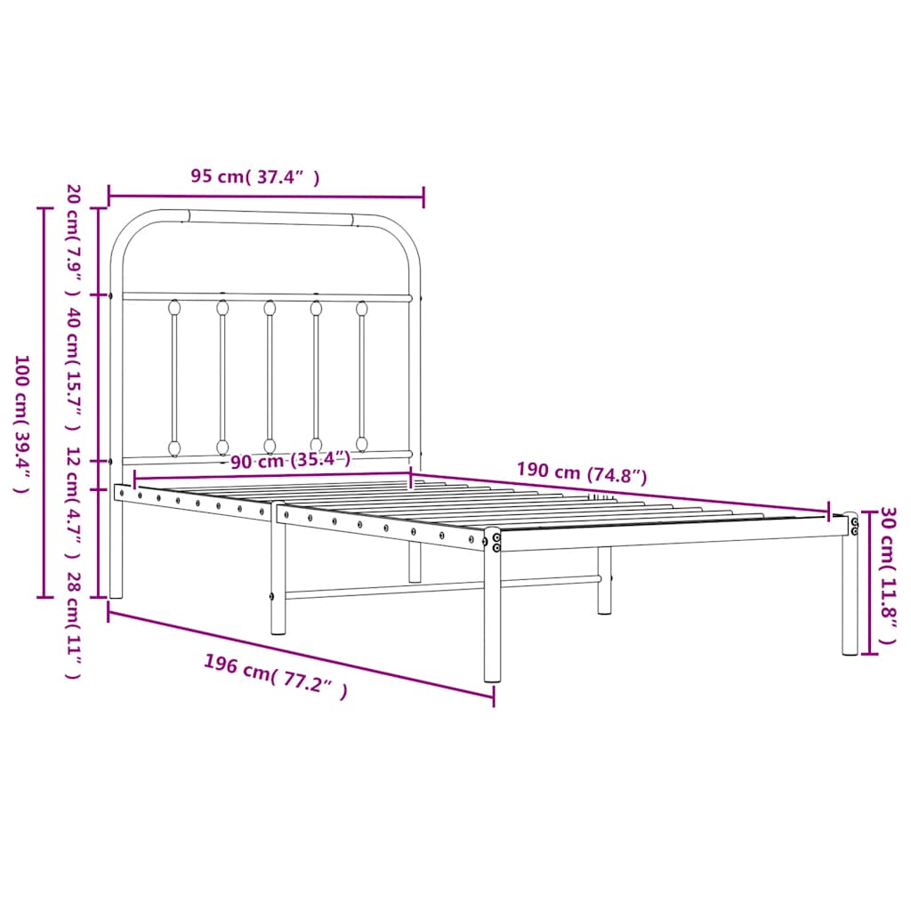 Metalni okvir za krevet s uzglavljem crni 90x190 cm