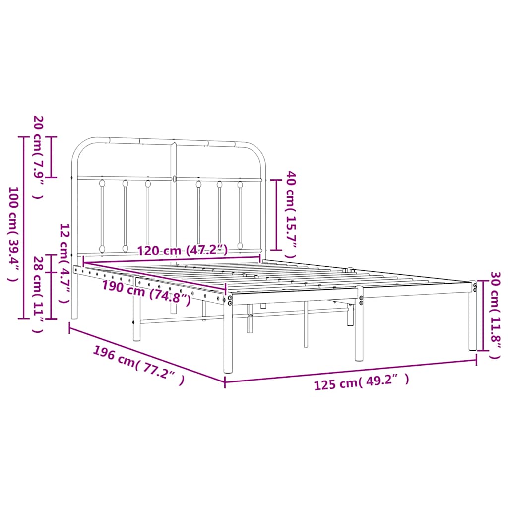 Metalni okvir za krevet s uzglavljem crni 120x190 cm