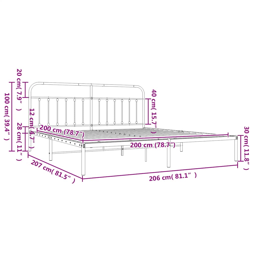 Metalni okvir za krevet s uzglavljem crni 200x200 cm