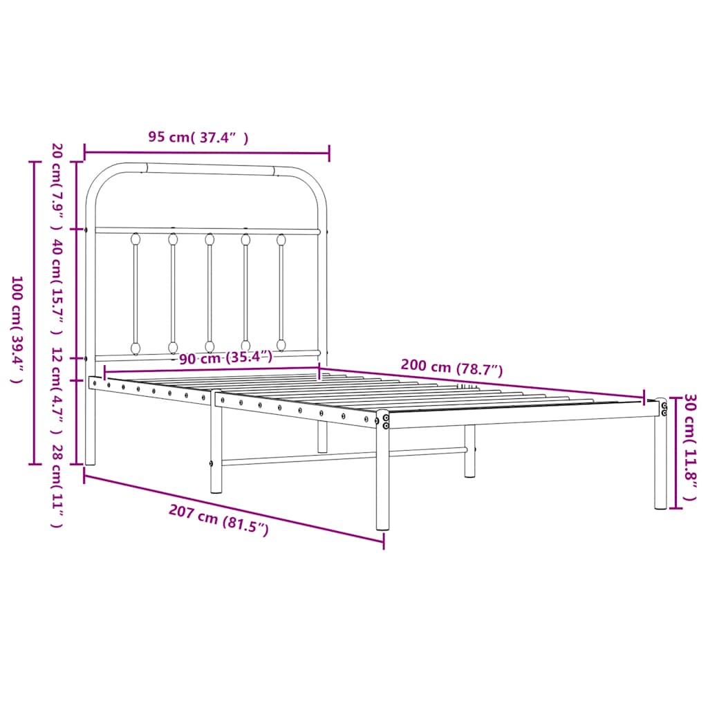 Metalni okvir za krevet s uzglavljem bijeli 90x200 cm