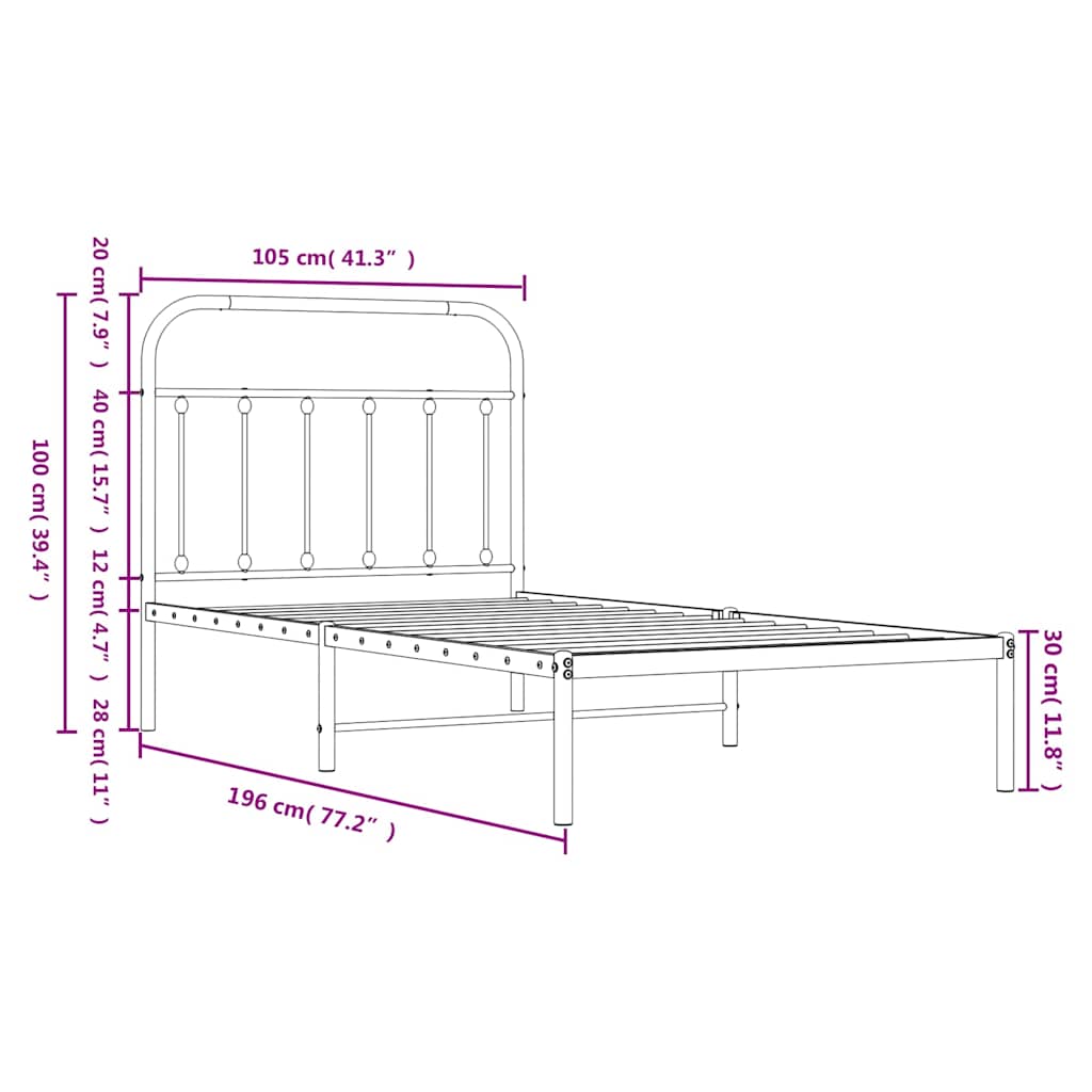 Metalni okvir za krevet s uzglavljem bijeli 100x190 cm
