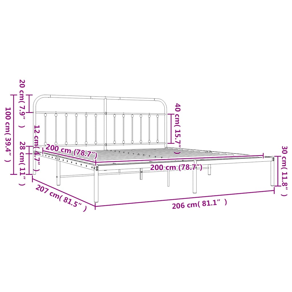 Metalni okvir za krevet s uzglavljem bijeli 200x200 cm