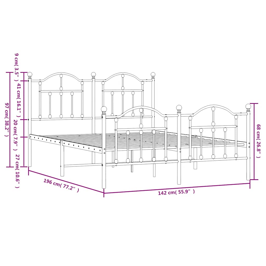 Metalni okvir kreveta uzglavlje i podnožje crni 135x190 cm