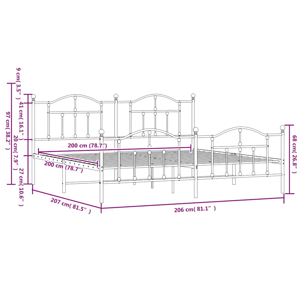 Metalni okvir kreveta uzglavlje i podnožje crni 200x200 cm