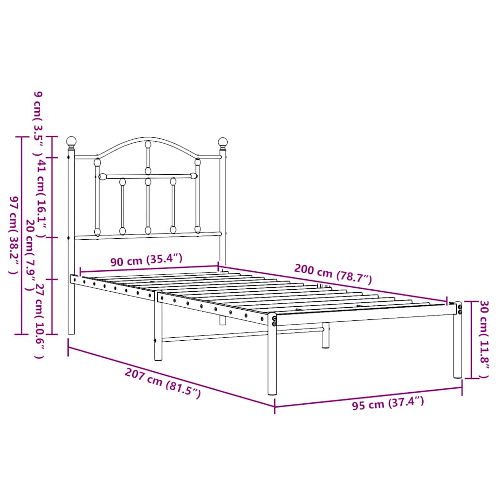 Metalni okvir za krevet s uzglavljem bijeli 90x200 cm