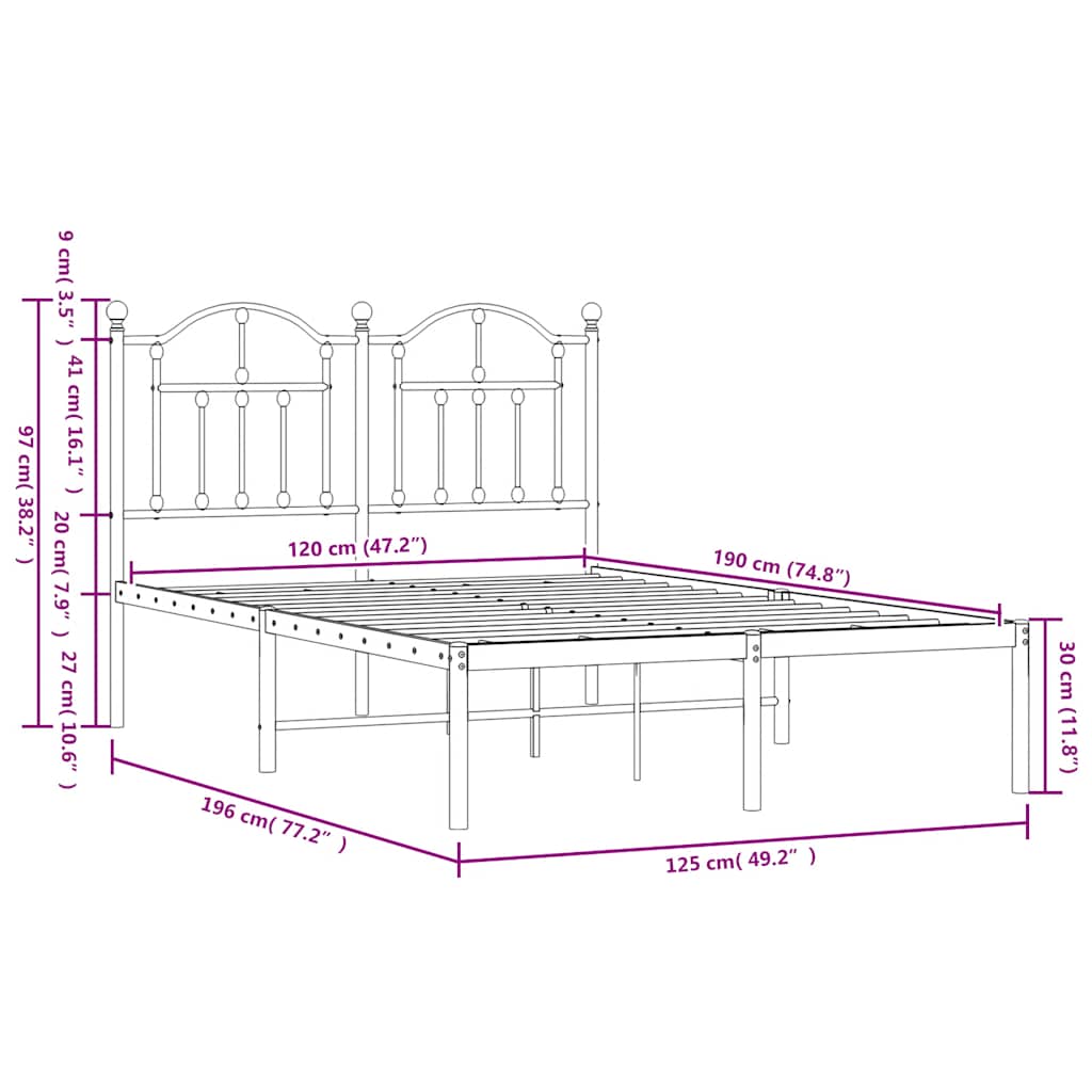 Metalni okvir za krevet s uzglavljem bijeli 120 x 190 cm